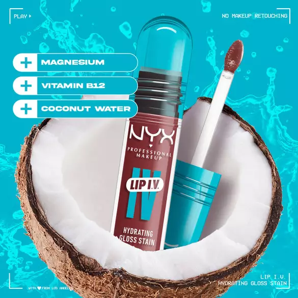 Odżywczy błyszczyk do ust NYX Lip I.V. w opakowaniu, z informacjami o składnikach: magnez, witamina B12, woda kokosowa.