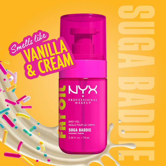 NYX Professional Makeup Fat Oil Body Oil in Suga Baddie scent, bright pink bottle, with vanilla cream swirl and colorful sprinkles, labeled as smelling like vanilla and cream, on a yellow background.