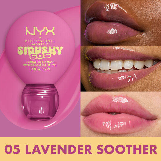 Lip macros in three different skin tones of models wearing NYX Professional Makeup Smushy SOS Hydrating Lip Mask in shade 05 Lavender Soother