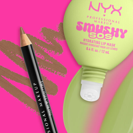NYX Professional Makeup Smushy SOS Hydrating Lip Mask tube in shade Green Sereni-tea with NYX Professional Makeup Slim Lip Pencil in shade Nude Beige