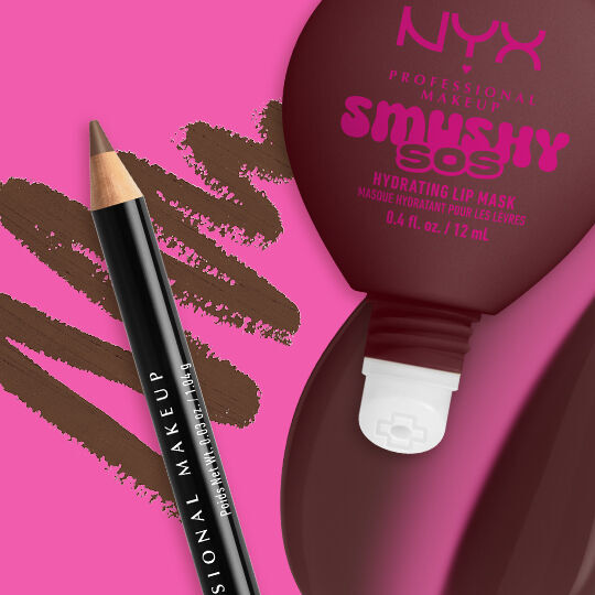 NYX Professional Makeup Smushy SOS Hydrating Lip Mask tube in shade Coconut Calm with NYX Professional Makeup Slim Lip Pencil in shade Espresso
