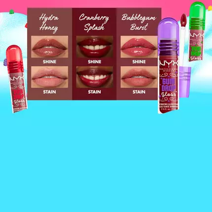 Rożne odcienie błyszczykow do ust NYX Gum Drop Gloss, w tym Hydra Honey, Cranberry Splash i Bubblegum Burst na jasnoniebieskim tle.