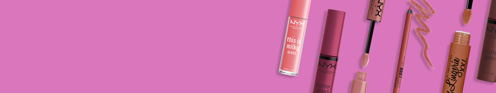 Rożowy błyszczyk do ust NYX PM na rożowym tle, napis: this is milky gloss.