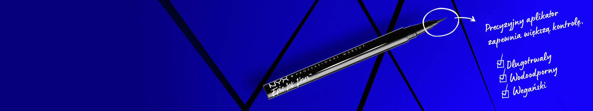 Eyeliner NYX PM Epic Ink na niebieskim tle z czarnymi liniami.