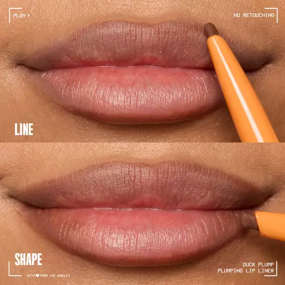 A close-up of lips with a nude plumping lip liner being applied, showcasing the defined shape and natural texture.