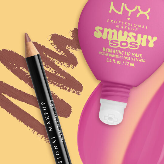 NYX Professional Makeup Smushy SOS Hydrating Lip Mask tube in shade Lavender Soother with NYX Professional Makeup Slim Lip Pencil in shade Mauve