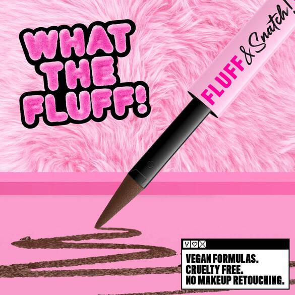 NYX Professional Makeup Fluff & Snatch brow pencil shown with a brown line drawn on a pink background, fluffy pink texture, and text highlighting vegan, cruelty-free, and no makeup retouching.