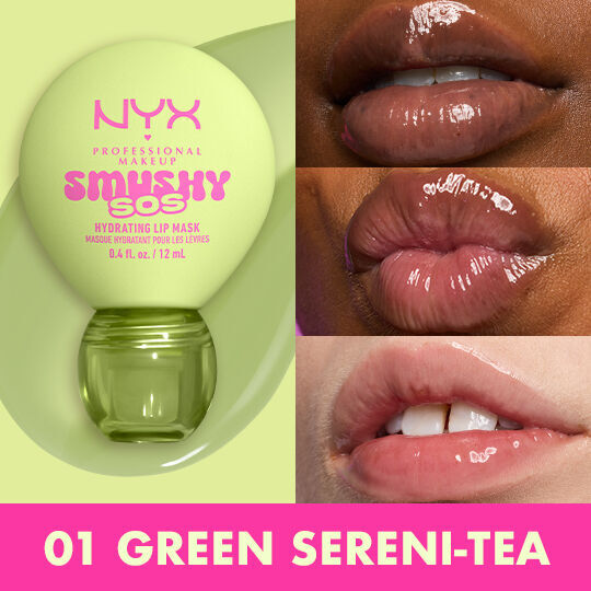 Lip macros in three different skin tones of models wearing NYX Professional Makeup Smushy SOS Hydrating Lip Mask in shade 01 Green Sereni-tea