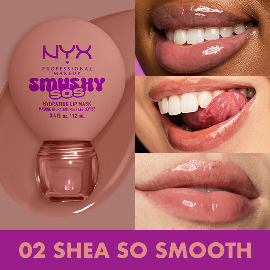 Lip macros in three different skin tones of models wearing NYX Professional Makeup Smushy SOS Hydrating Lip Mask in shade 02 Shea So Smooth