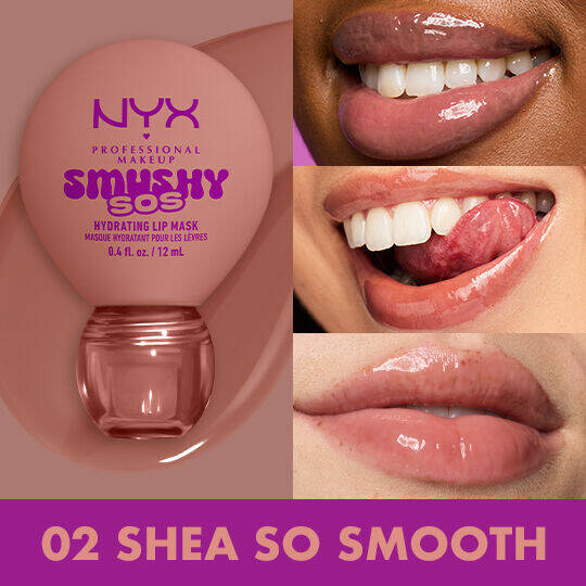 Lip macros in three different skin tones of models wearing NYX Professional Makeup Smushy SOS Hydrating Lip Mask in shade 02 Shea So Smooth