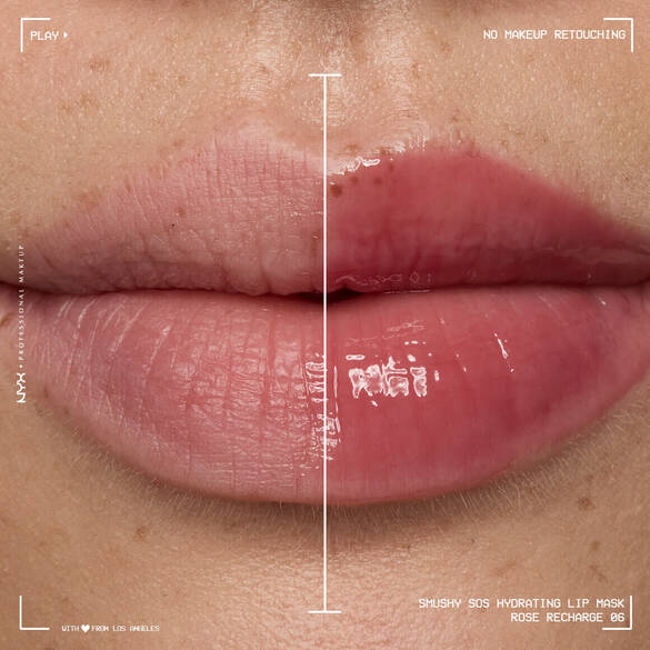 Close-up of lips shown before and after application of NYX Professional Makeup Smushy SOS Hydrating Lip Mask in Rose Recharge 06, with the right side appearing glossier, smoother, and more hydrated.