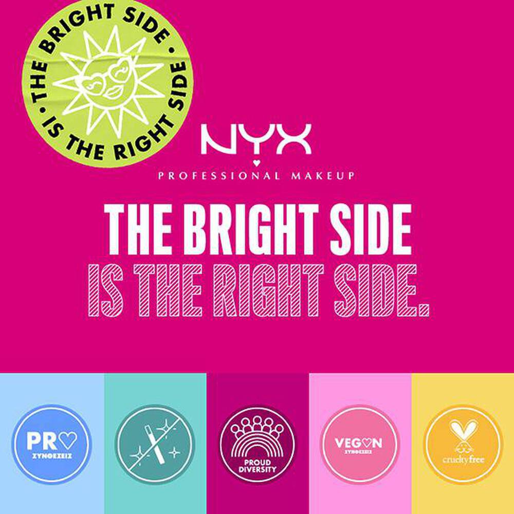 Logo NYX PM, hasło "The Bright Side is the Right Side", kolorowe ikony poniżej.