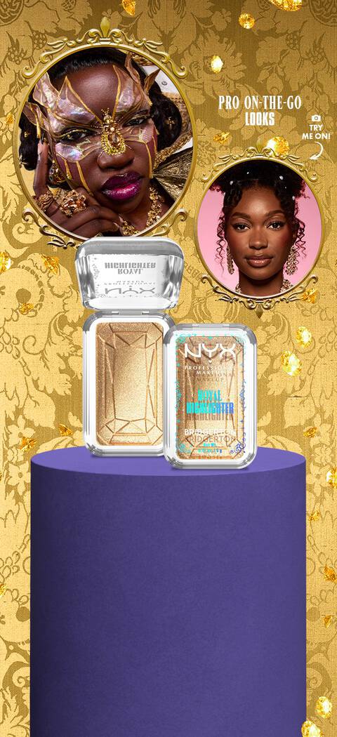 NYX Bridgerton highlighters displayed on a purple stand with ornate gold frames and The Queen look, set against a gold floral background with product description, shop buttons, and option to try on the Pro-On-The-Go virtual look.
