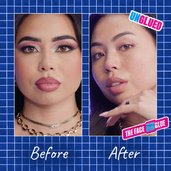 Side-by-side comparison of 'Before' and 'After' using NYX Face Unglue Makeup Remover, showing the lower face, neck, and hand with jewelry, on a blue grid background.