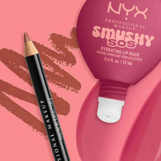 NYX Professional Makeup Smushy SOS Hydrating Lip Mask tube in shade Rose Recharge with NYX Professional Makeup Slim Lip Pencil in shade Ever