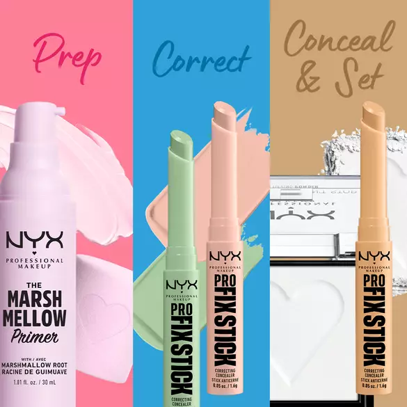 Image features NYX Professional Makeup products: a primer, a correcting stick, and a concealer, each in vibrant backgrounds.