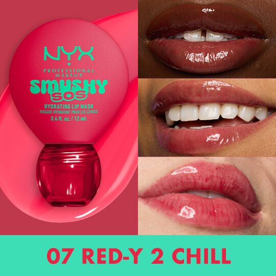Lip macros in three different skin tones of models wearing NYX Professional Makeup Smushy SOS Hydrating Lip Mask in shade 07 Red-y 2 Chill