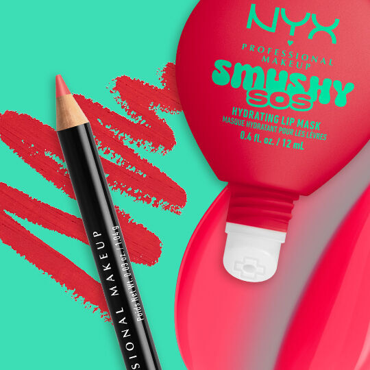 NYX Professional Makeup Smushy SOS Hydrating Lip Mask tube in shade Red-y 2 Chill with NYX Professional Makeup Slim Lip Pencil in shade Hot Red