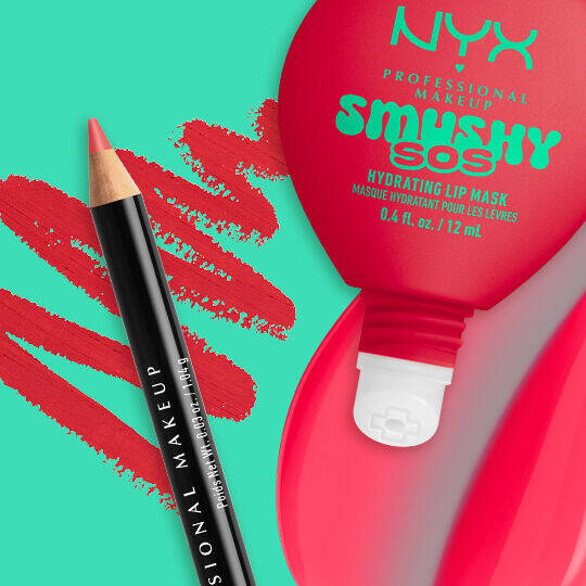 NYX Professional Makeup Smushy SOS Hydrating Lip Mask tube in shade Red-y 2 Chill with NYX Professional Makeup Slim Lip Pencil in shade Hot Red