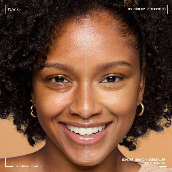 Before and after image of model wearing NYX Professional Makeup Wonder Snatch Concealer in shade 17 Cinnamon.