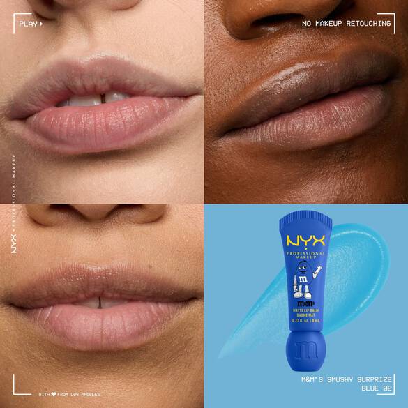 NYX Professional Makeup M&M’S Smushy Surprize Matte Lip Balm in Blue, shown with clear finish on lips of various skin tones.