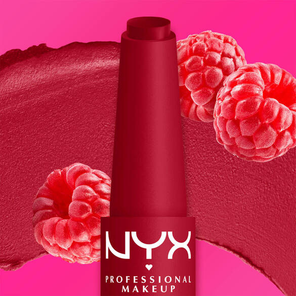 A vibrant raspberry shade is shown with fresh raspberries and a lipstick smear on a pink background, highlighting the color and fruity inspiration.