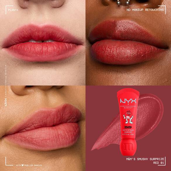 NYX Professional Makeup M&M’S Smushy Surprize Matte Lip Balm in Red, shown with vibrant red matte finish on lips of various skin tones.