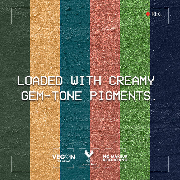 Background with colorful textured stripes and text promoting creamy gem-tone pigments in vegan makeup formulations.