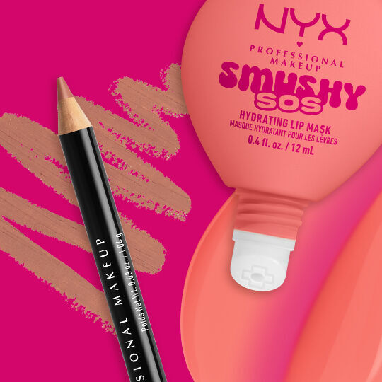 NYX Professional Makeup Smushy SOS Hydrating Lip Mask tube in shade Peachy Pamper with NYX Professional Makeup Slim Lip Pencil in shade Peekaboo Neutral