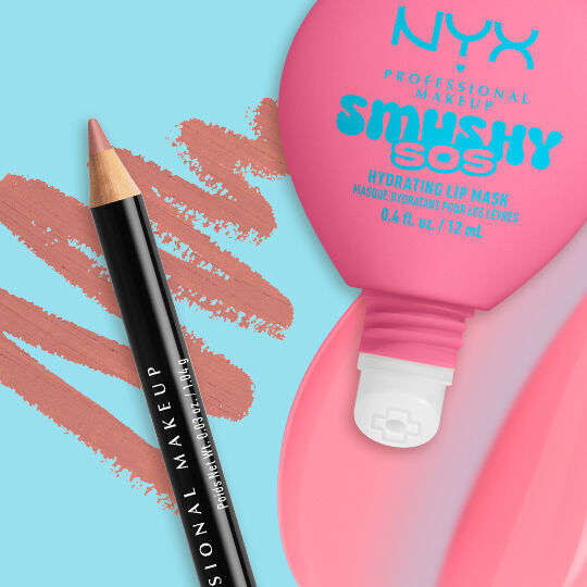 NYX Professional Makeup Smushy SOS Hydrating Lip Mask tube in shade Guava Glaze with NYX Professional Makeup Slim Lip Pencil in shade Nude Pink