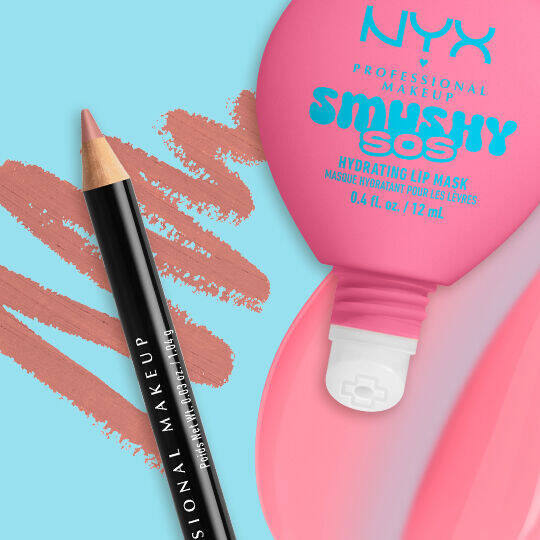 NYX Professional Makeup Smushy SOS Hydrating Lip Mask tube in shade Guava Glaze with NYX Professional Makeup Slim Lip Pencil in shade Nude Pink