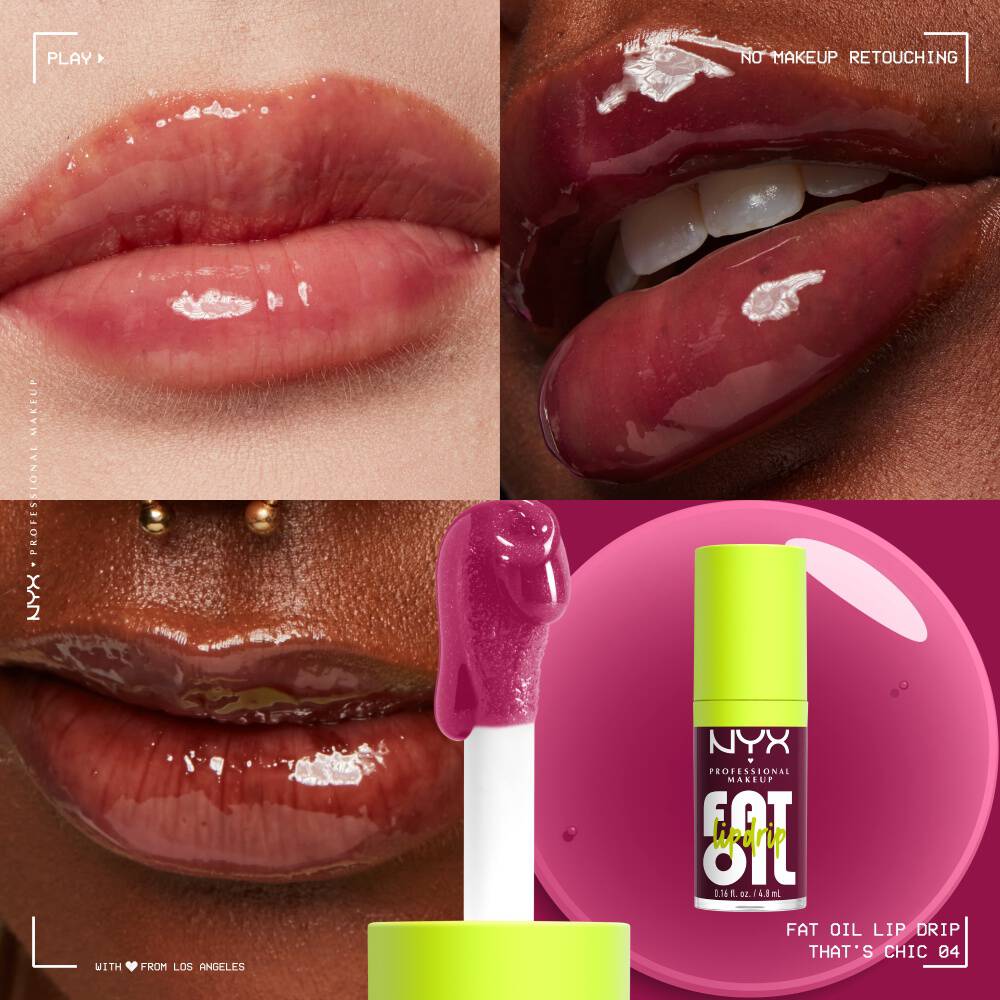NYX PM Fat Oil Lip Drip – zdjęcie przedstawiające efekt zastosowania olejku na trzech rożnych ustach