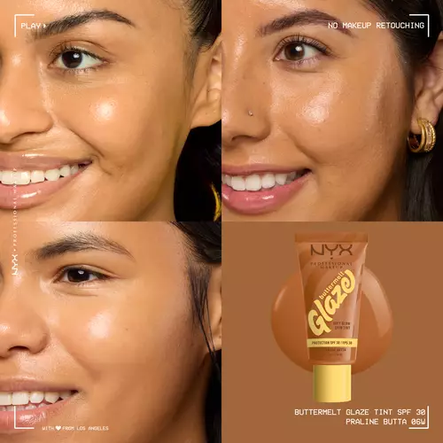 Kolaż pokazujący efekt tintu do twarzy z SPF 30 NYX PM Buttermelt Glaze odcień Praline Butta 06W na rożnych typach karnacji