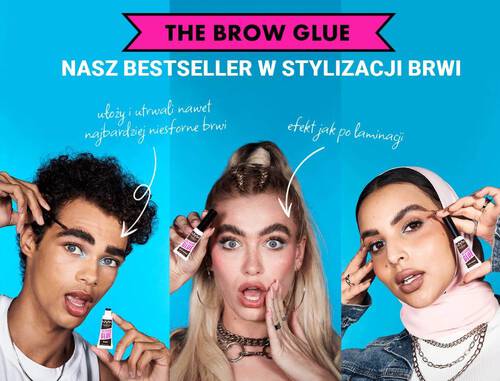 Trojka młodych osob na niebieskim tle prezentuje efekty stosowania The brow glue NYX