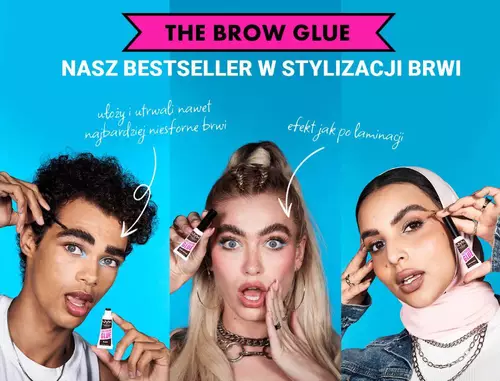 Trojka młodych osob na niebieskim tle prezentuje efekty stosowania The brow glue NYX