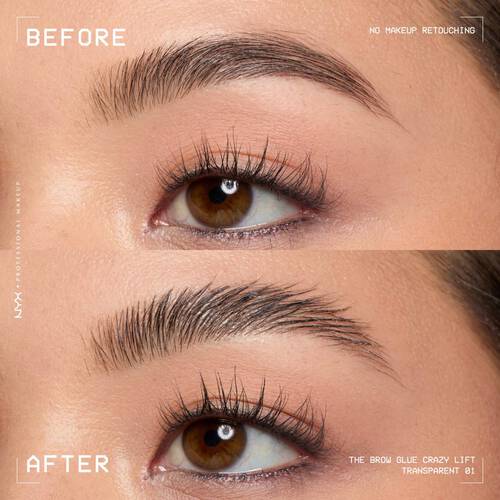 Klej do brwi Instant Brow Styler NYX PM przed i po użyciu