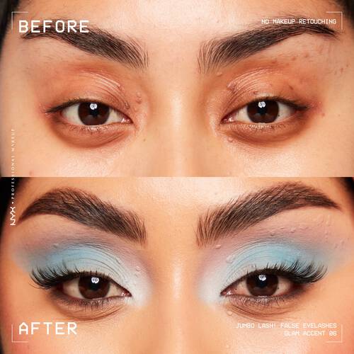 NYX PM sztuczne rzęsy Jumbo Lash! – zdjęcie ukazujące efekt przed i po