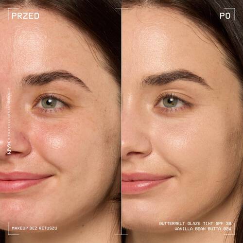Kobieca twarz przed i po aplikacji Tintu do twarzy z SPF 30 NYX PM Buttermelt Glaze
