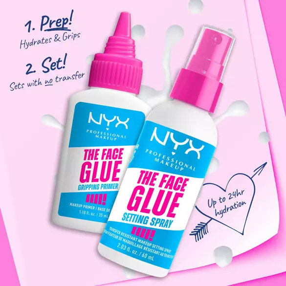 Mikstura do makijażu NYX: baza klejąca i spray utrwalający, zapewniające długotrwały efekt bez przenoszenia.