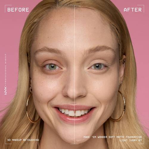 Zbliżenie na twarz kobiety, ktora ma twarz przed i po makeupie z podkładem NYX PM