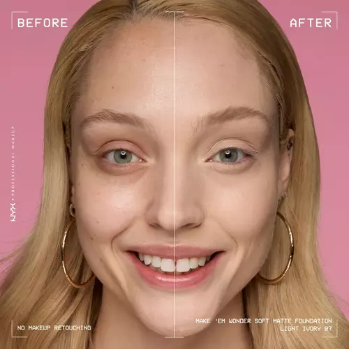 Zbliżenie na twarz kobiety, ktora ma twarz przed i po makeupie z podkładem NYX PM