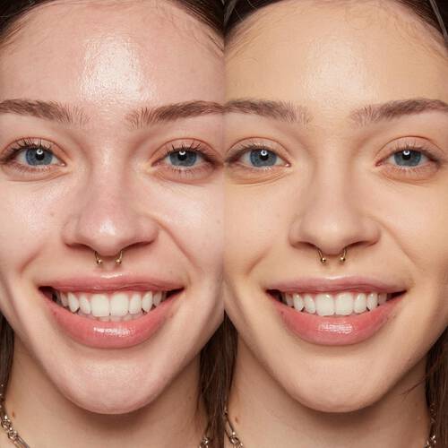 Efekt przed i po aplikacji bazy pod makijaż The Face Glue NYX Professional Makeup