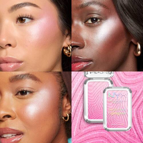 NYX PM Buttermelt Highlighter rozświetlacz – kolaż zdjęć pokazujących efekt na policzku