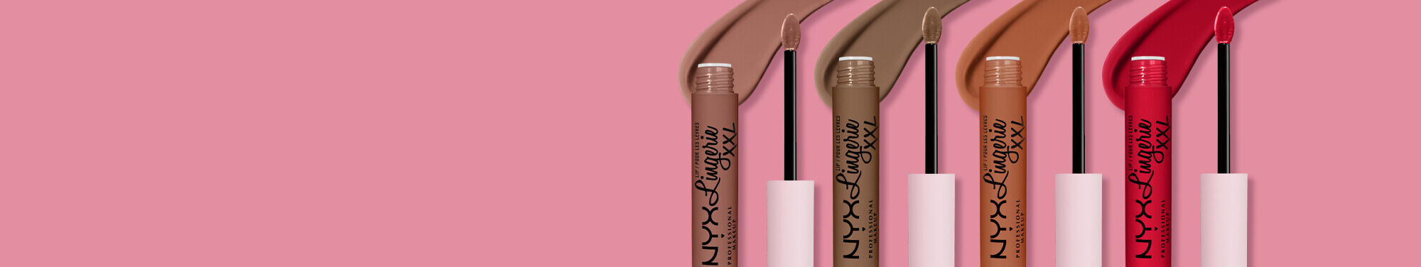 Dwa błyszczyki NYX PM Lingerie XXL na rożowym tle.