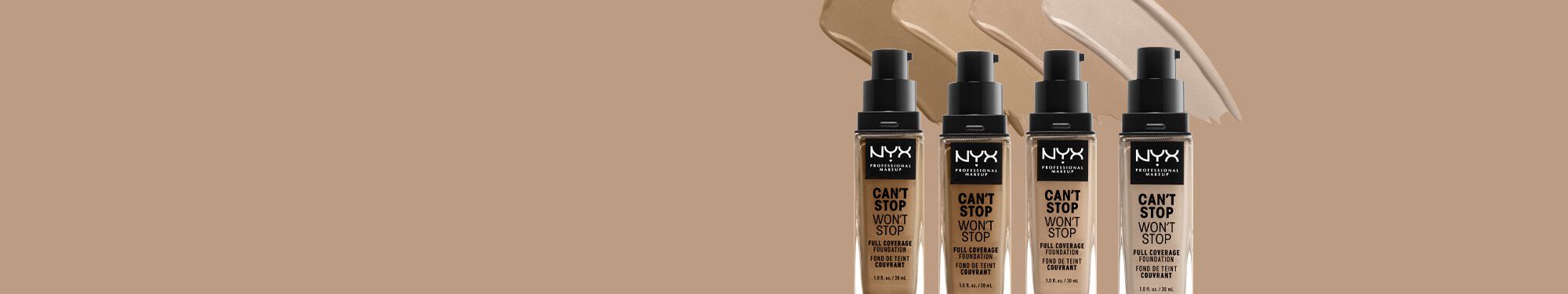 Dwa podkłady NYX PM Can't Stop Won't Stop na beżowym tle.