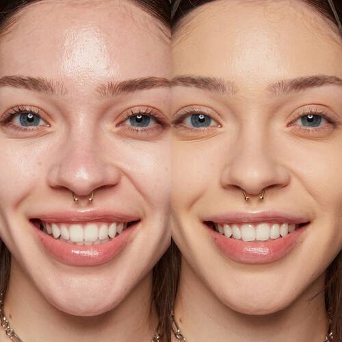 Twarz młodej kobiety przed i po aplikacji the Face Glue Primer od NYX PM.