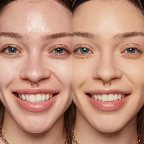 Twarz młodej kobiety przed i po aplikacji the Face Glue Primer od NYX PM.