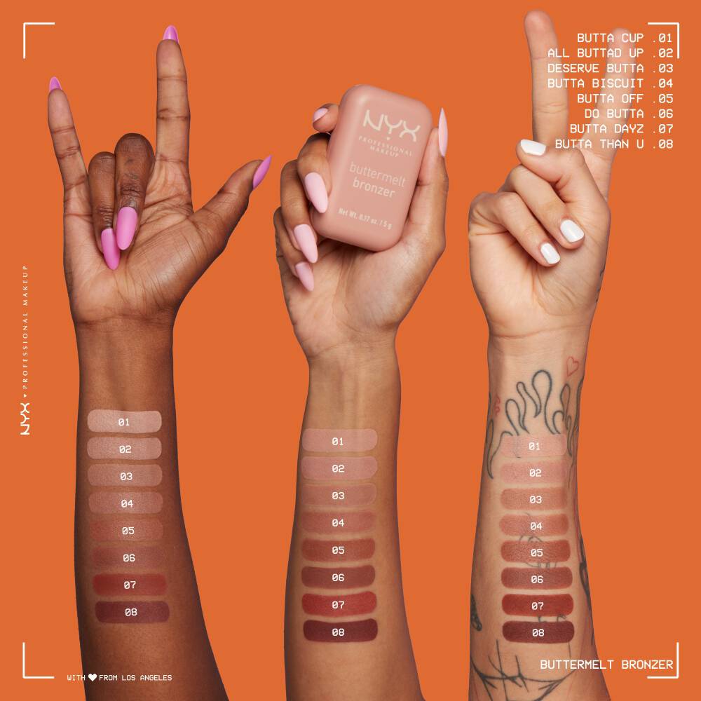 NYX PM Bronzer Buttermelt – zdjęcie przedstawiające rożne odcienie bronzera na trzech rożnych odcieniach skory