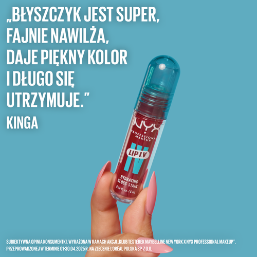 Kobieca dłoń trzyma błyszczyk do ust NYX PM Lip IV Hydrating Gloss Stain 