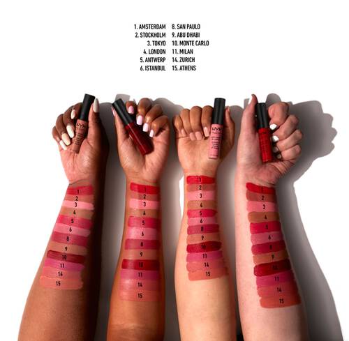 Soft Matte Lip Cream Matowa pomadka do ust w płynie NYX PM w roznych odcieniach prezentowanych na rękach